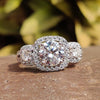 Split Shank Ring, 2.61 TW Round Brilliant Cut Three Stones Engagement Ring, Halo Moissanite Ring