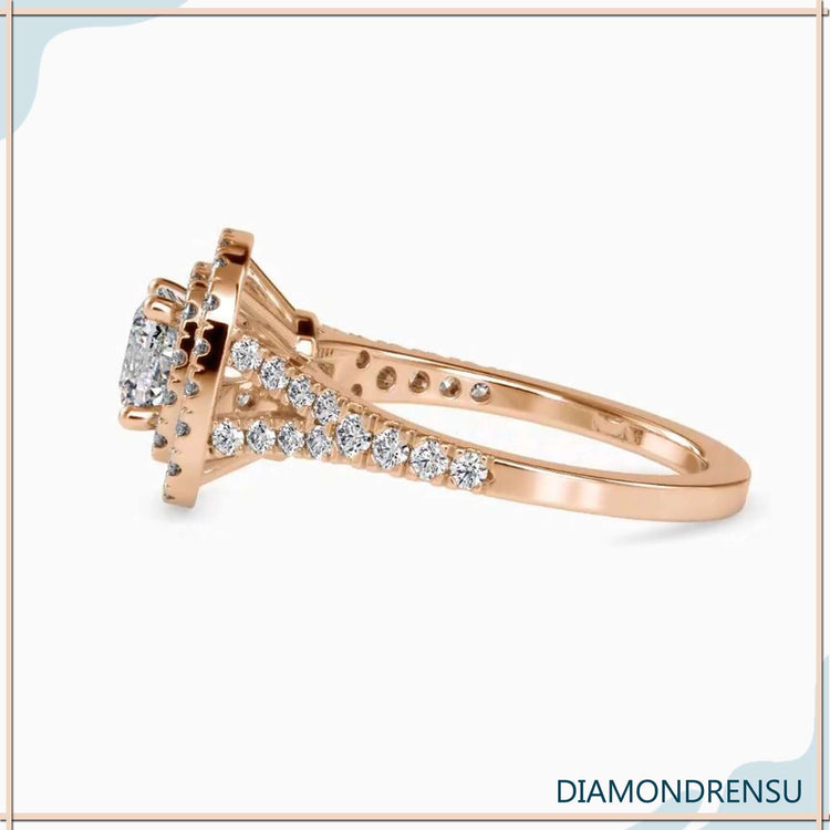 Lab grown diamond ring with cushion cut and pave double halo.
