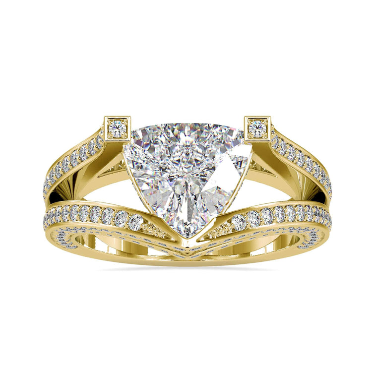 Trillion cut diamond ring with hidden halo setting.
