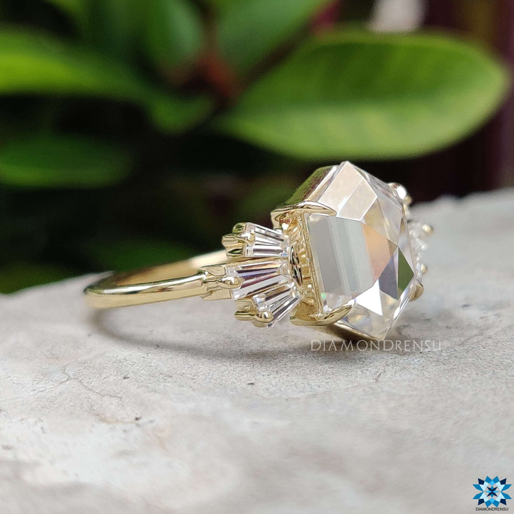 Unique moissanite ring with rose cut hexagon center.
