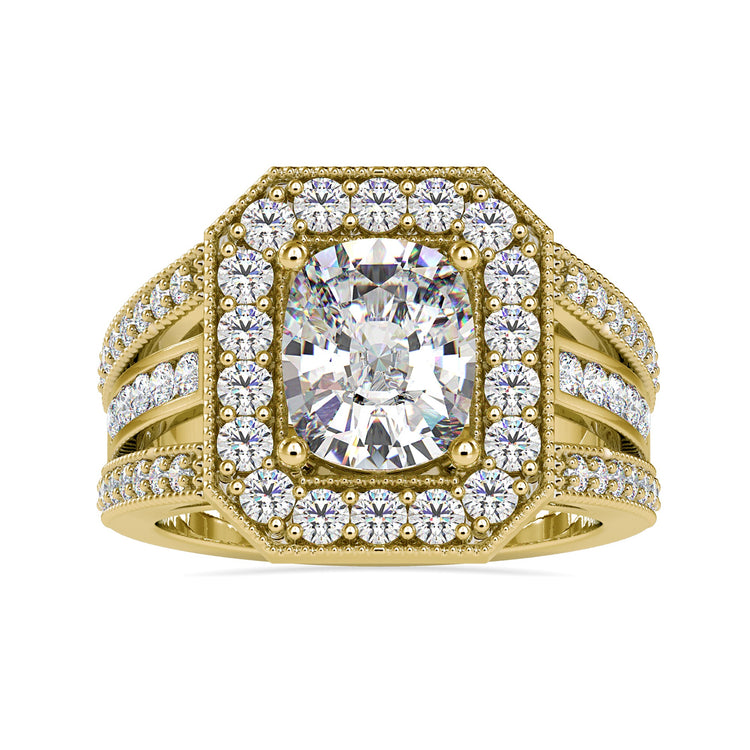 IGI certified cushion cut diamond in halo engagement design.
