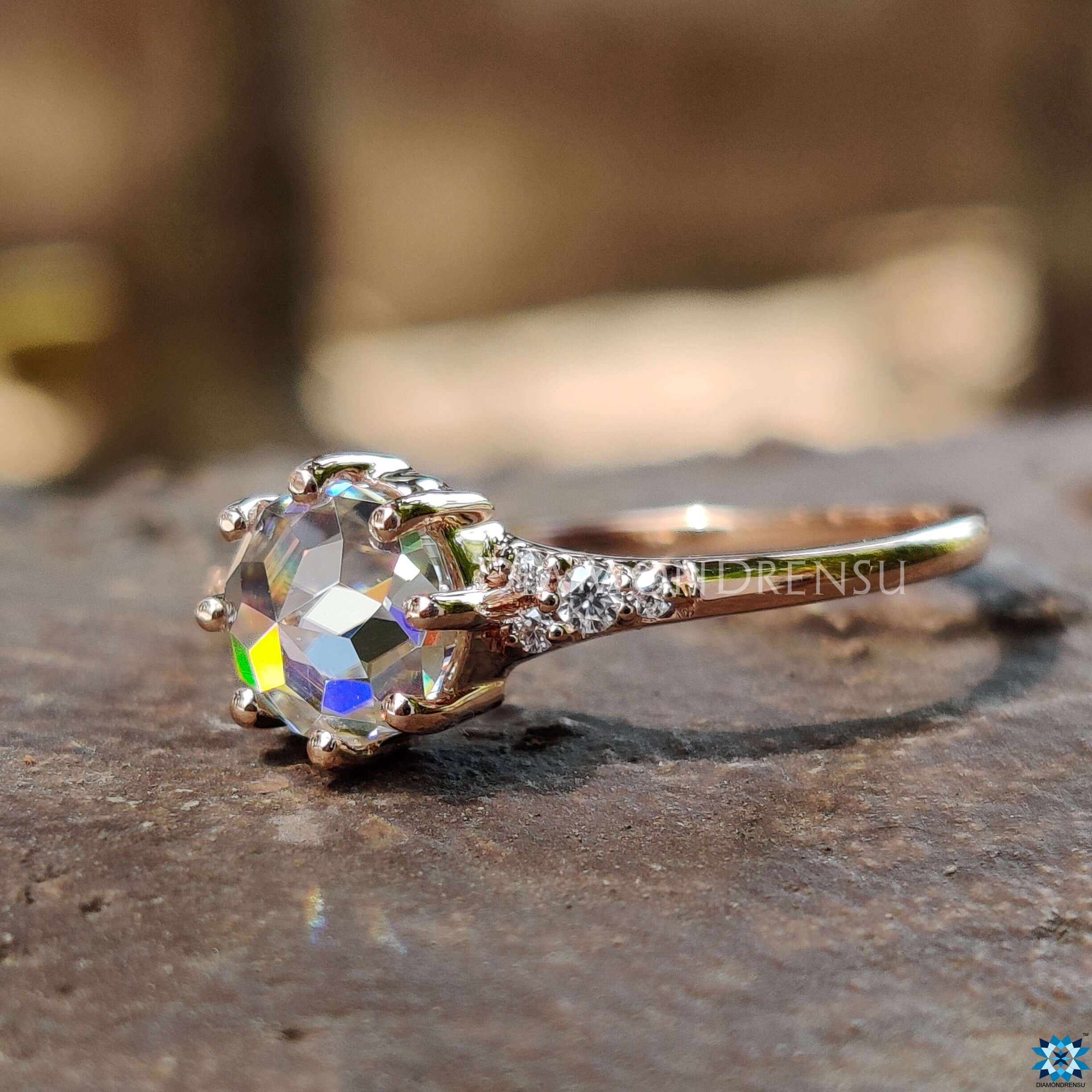 Beautiful rose gold and gold ring set with a stunning round cut engagement ring.