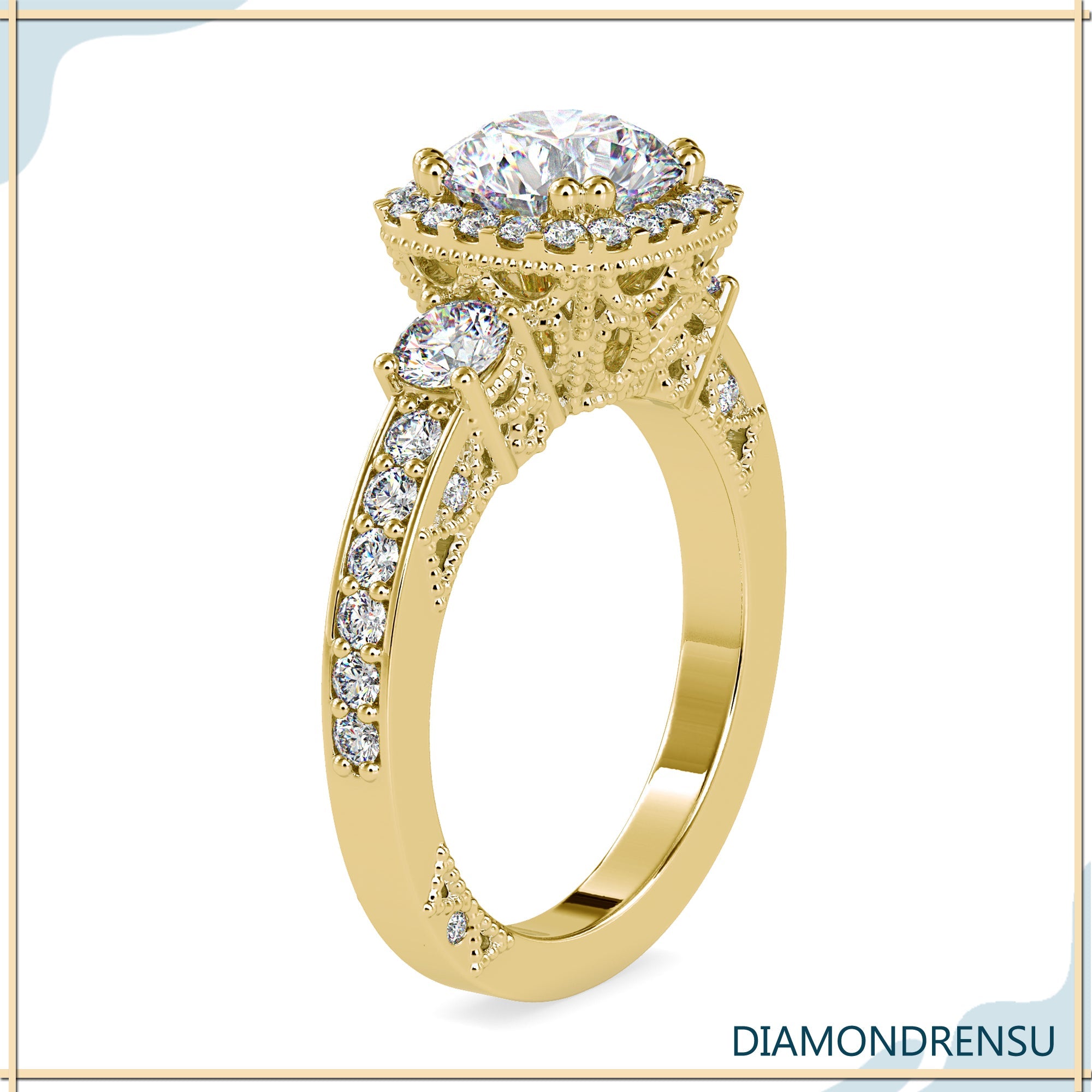 Round brilliant diamond ring featuring an antique vintage engagement ring style.
