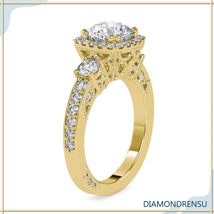 Designer ring with round centre and side stones, UK made.
