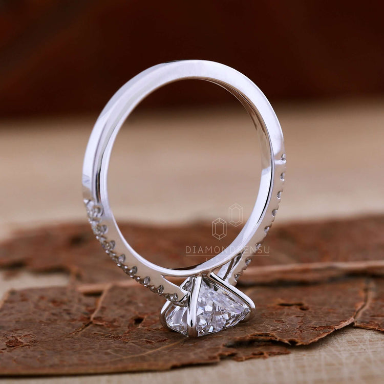 Unique engagement ring featuring a V prong ring and pave diamond details, perfect as an engagement ring for women.
