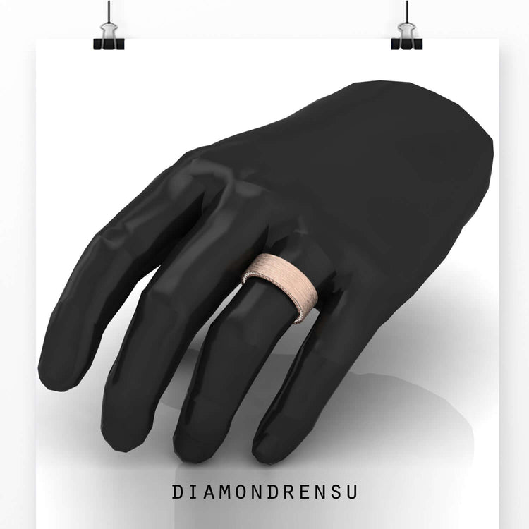 Row of shimmering round cut diamonds in wedding band ring for men.
