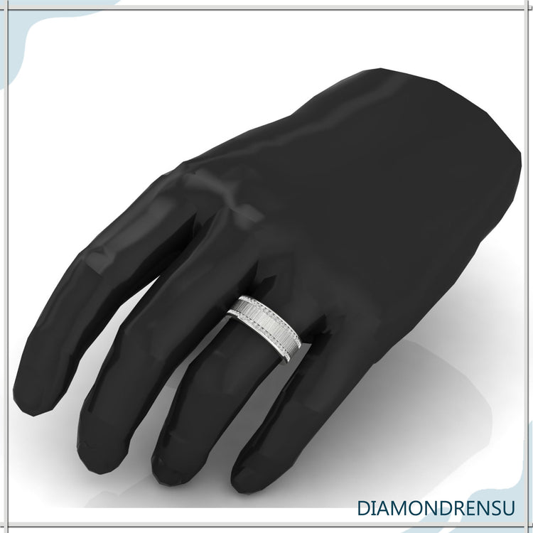 Two rows of round cut diamonds in white gold wedding band men.
