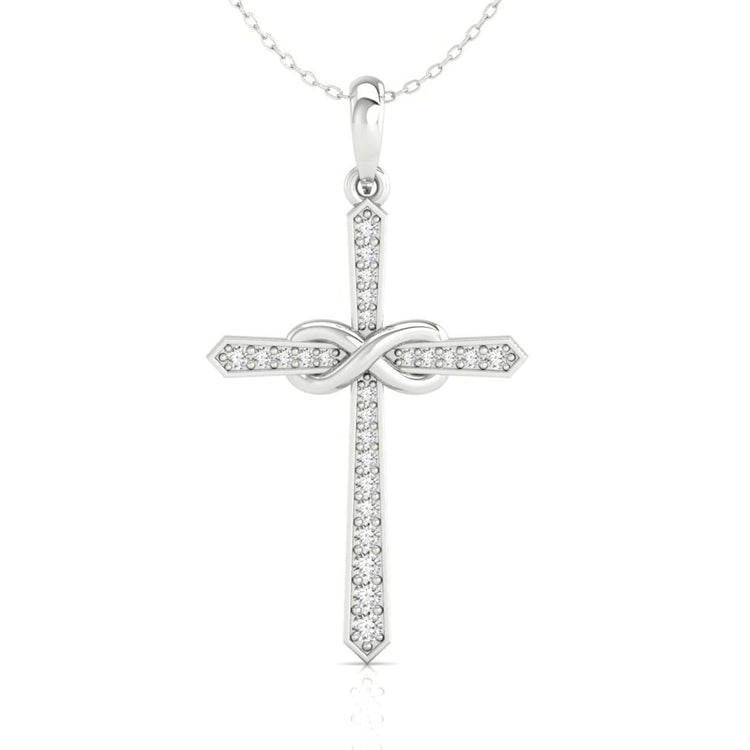 Infinity cross pendant in white gold with shared prong setting.
