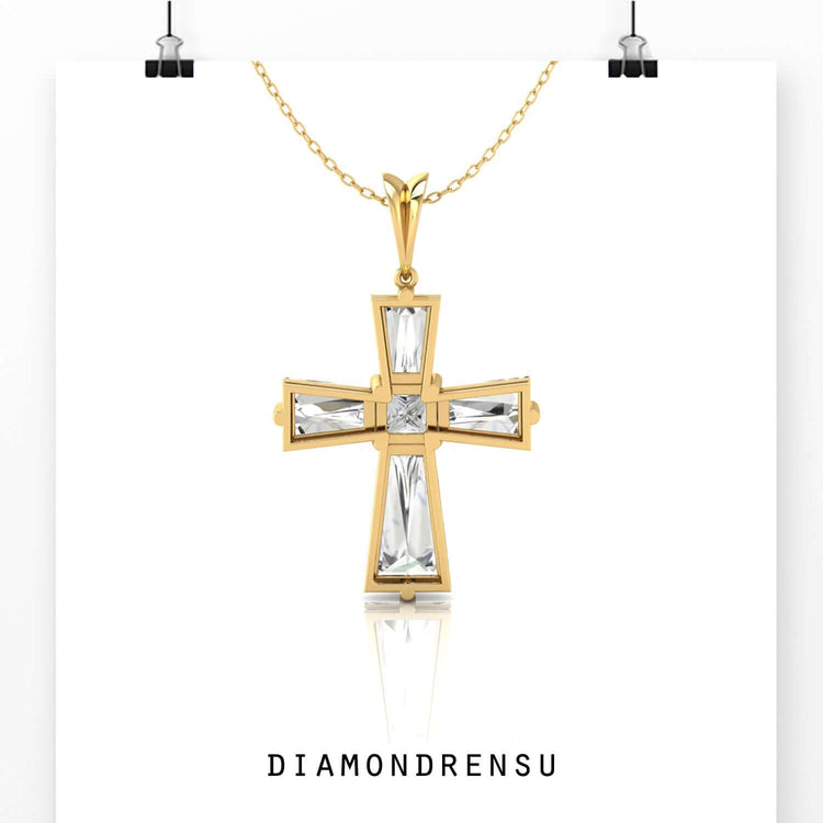 Handmade cross pendant with lab grown princess cut diamond.

