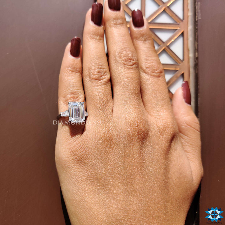 Handmade jewelry featuring emerald cut moissanite.
