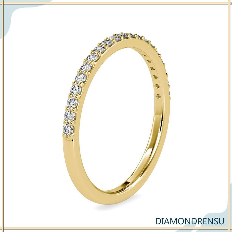 Rose gold stackable band with lab grown diamond accents.
