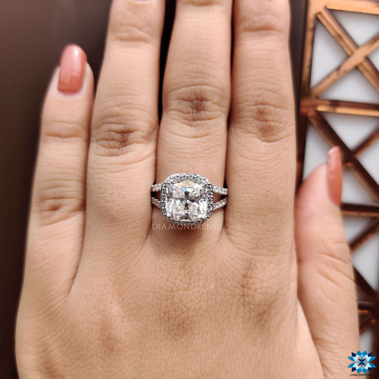 White gold hidden halo ring with split shank band.
