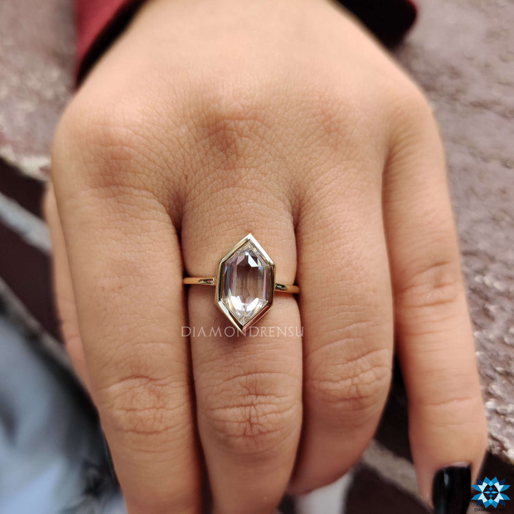 Unique rose cut moissanite engagement ring with bezel mount.
