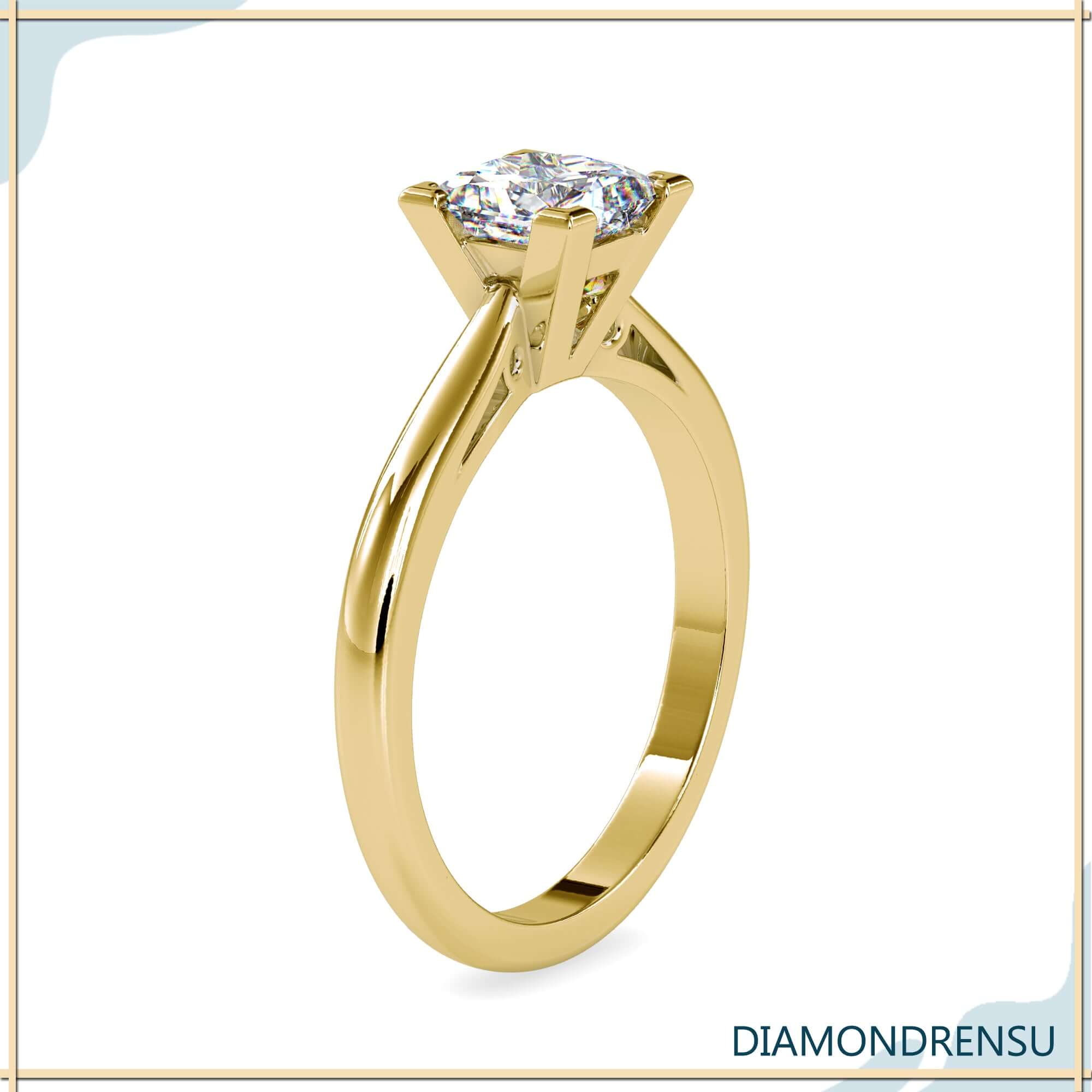 Stunning cathedral engagement ring featuring a princess cut solitaire diamond.
