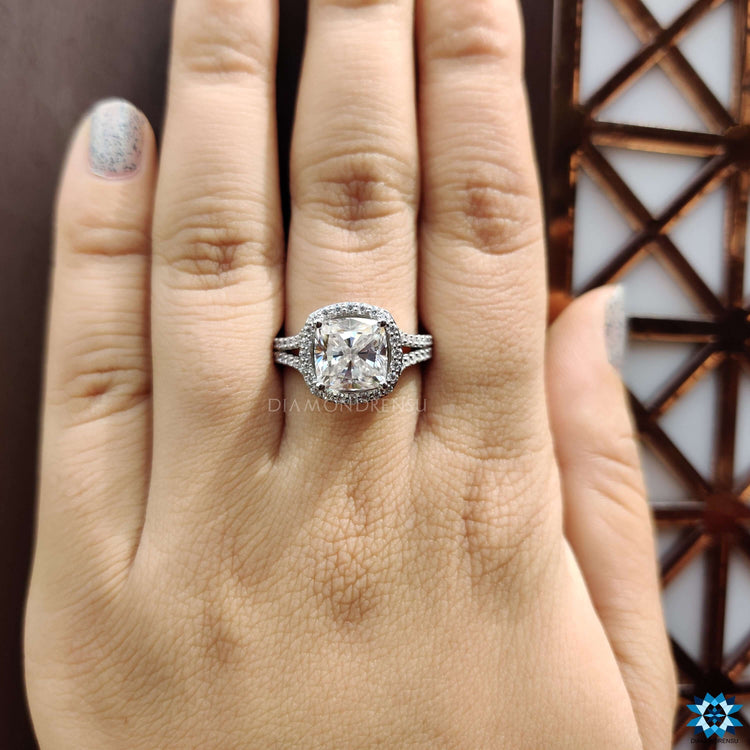 Custom moissanite engagement ring in white gold.
