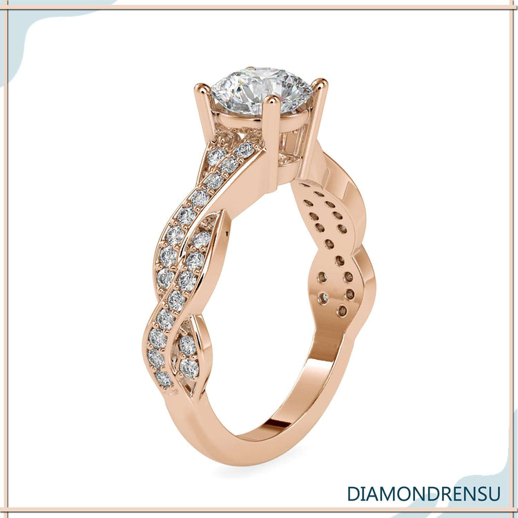 Custom design ring with twisted pave band and lab grown diamond.
