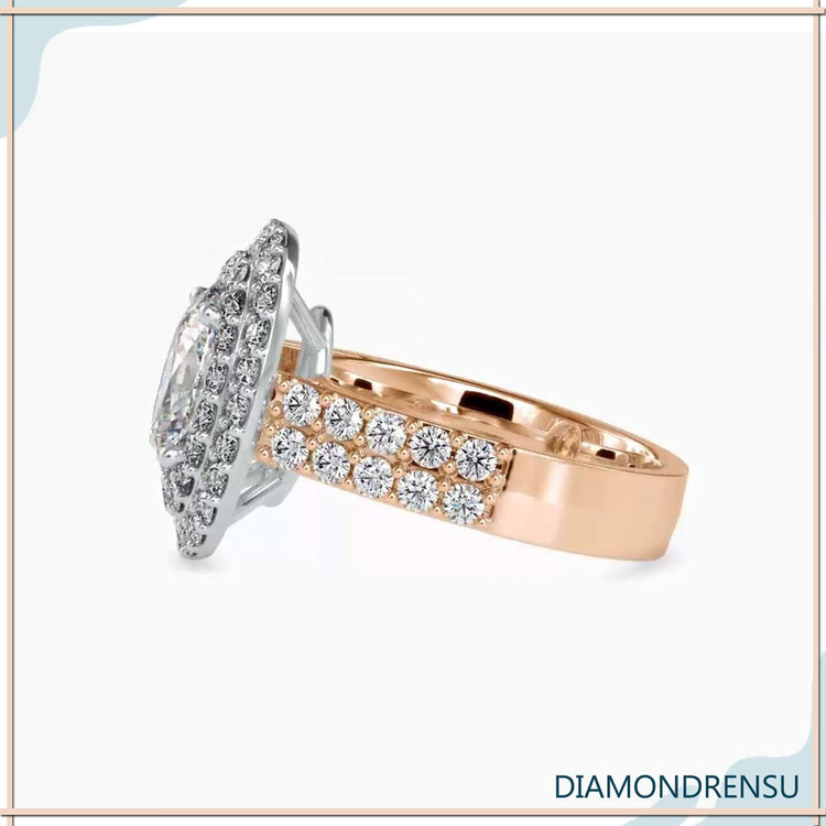 Custom engagement ring featuring oval diamond and round side stones.
