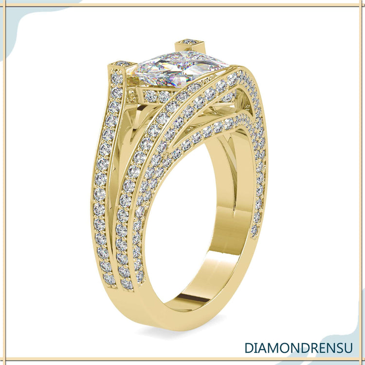 Multi row pave band with hidden halo centre diamond.
