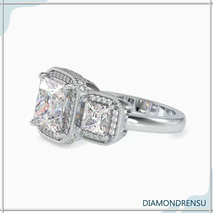 Buy engagement ring with lab grown princess cut diamond and side stones.
