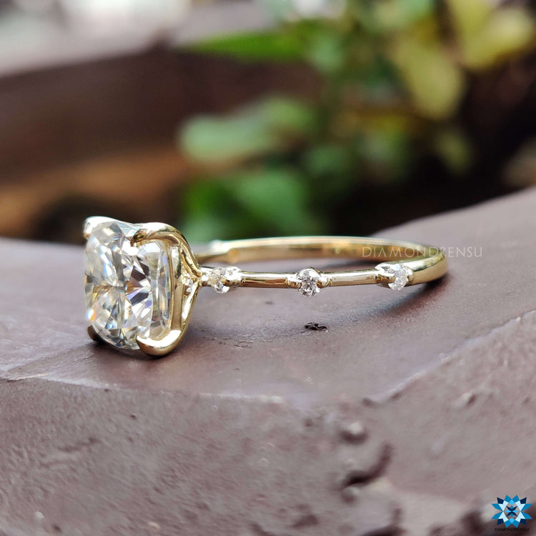 Distance pave engagement ring with round cut pave band.
