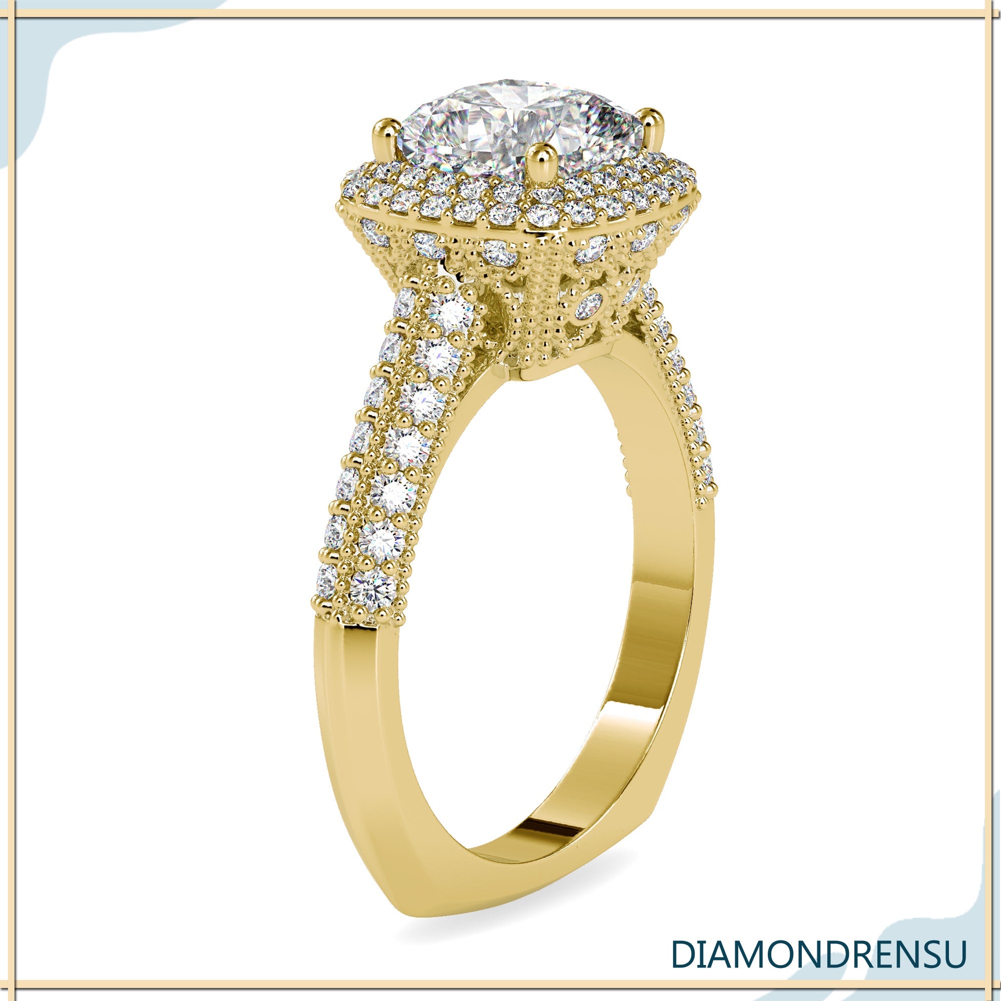 Dazzling pave band engagement ring with a double halo for extra shine.