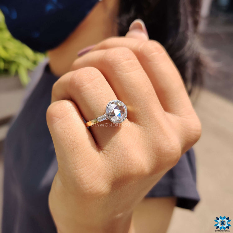 Handmade moissanite ring with round rose cut center stone.
